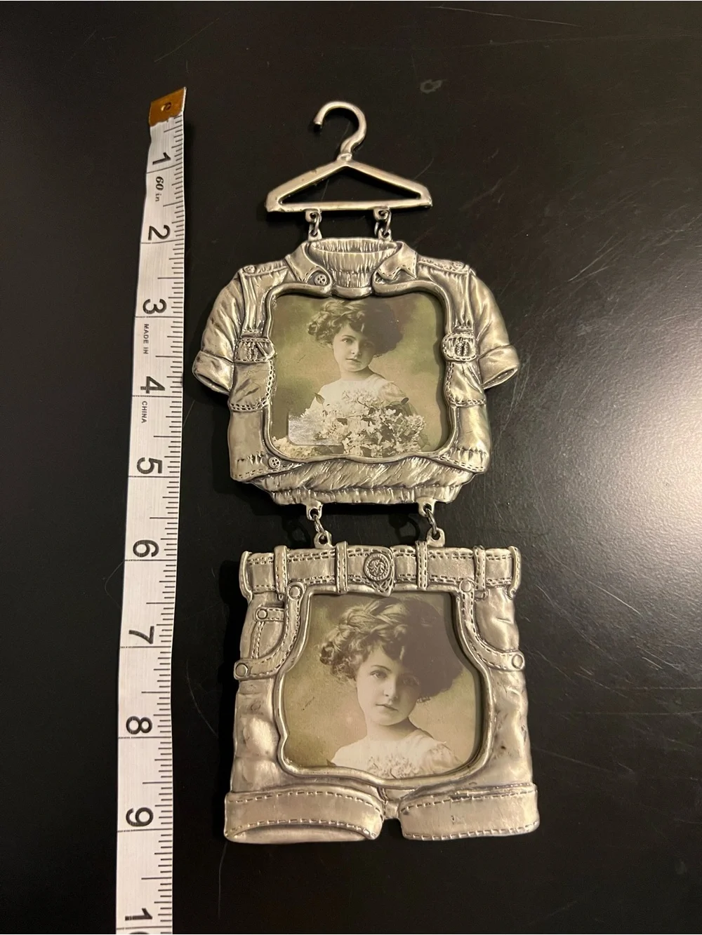 Metal Double Frame Wall Hanging in Silver with Vintage Portraits